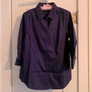 CWC NWT Classic Navy Button Down with 3/4 Cuffed Sleeves, Curved Hem, Beautiful!